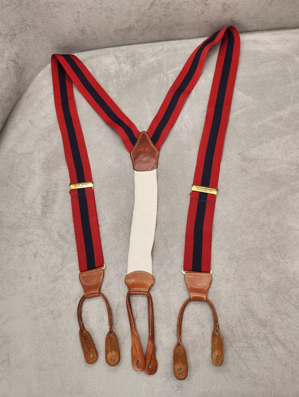 Brooks Brothers 1818 Suspenders Red Navy Blue Golden Fleece Button On Braces